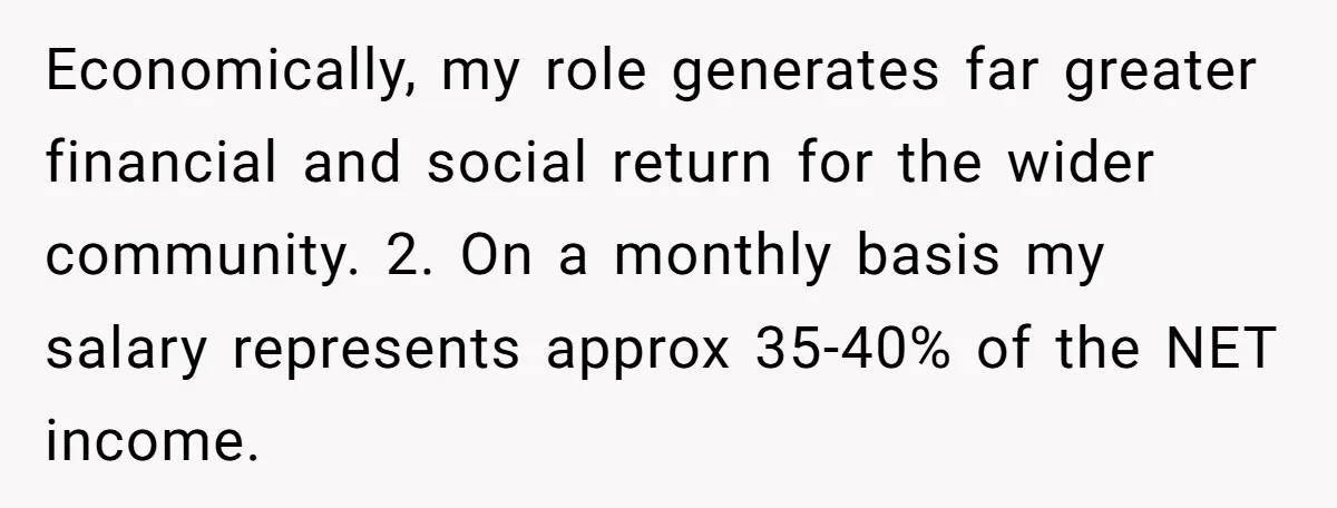 Economically, my role generates far greater financial and social return for the wider community. 2. On a monthly basis my salary represents approx 35-40% of the NET income.