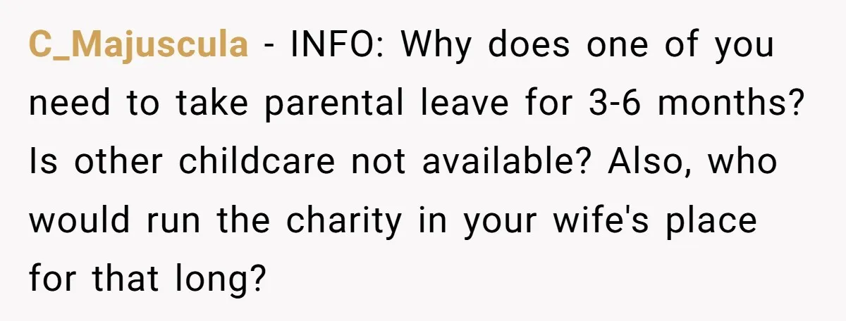 C_Majuscula − INFO: Why does one of you need to take parental leave for 3-6 months? Is other childcare not available? Also, who would run the charity in your wife's...
