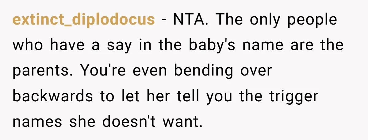 extinct_diplodocus − NTA. The only people who have a say in the baby's name are the parents. You're even bending over backwards to let her tell you the trigger names...