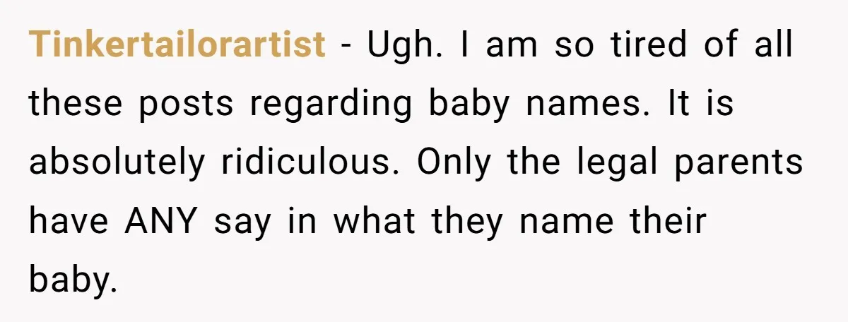 Tinkertailorartist − Ugh. I am so tired of all these posts regarding baby names. It is absolutely ridiculous. Only the legal parents have ANY say in what they name their...