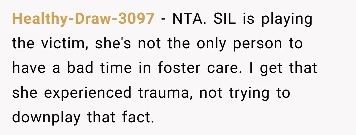 Healthy-Draw-3097 − NTA. SIL is playing the victim, she's not the only person to have a bad time in foster care. I get that she experienced trauma, not trying to...