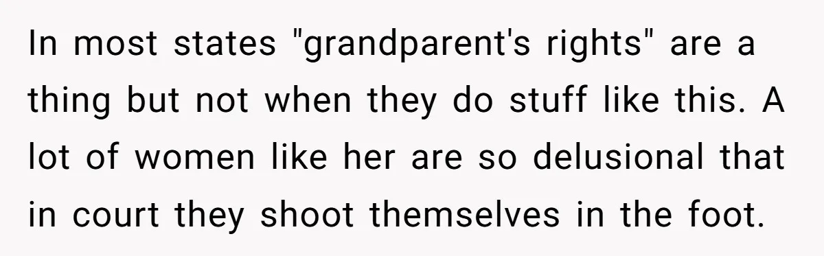 In most states "grandparent's rights" are a thing but not when they do stuff like this. A lot of women like her are so delusional that in court they shoot...