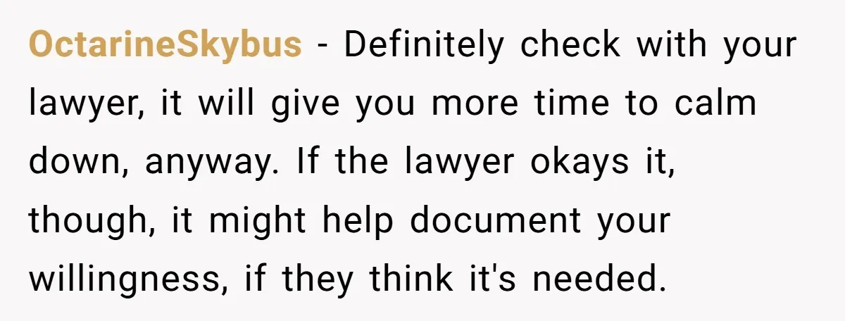 OctarineSkybus − Definitely check with your lawyer, it will give you more time to calm down, anyway. If the lawyer okays it, though, it might help document your willingness, if...