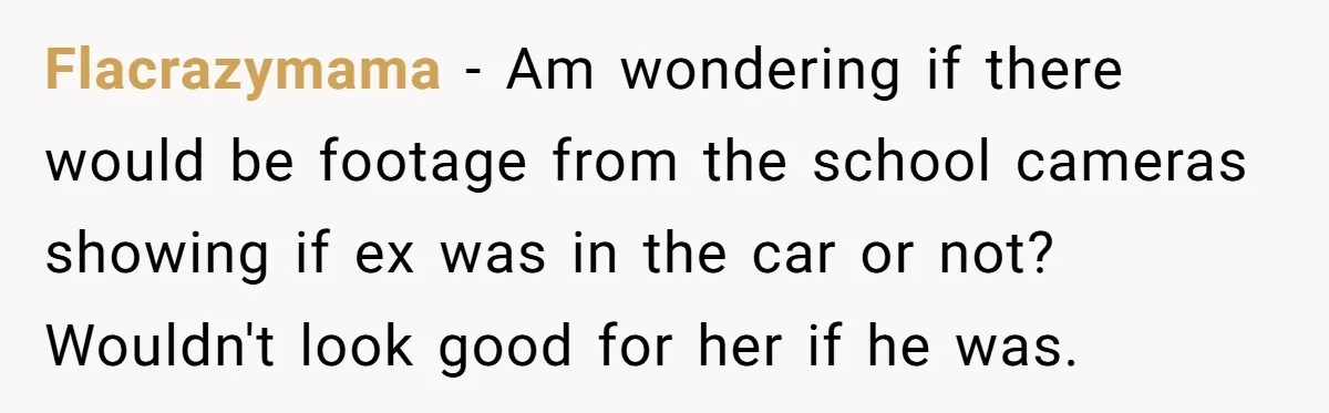 Flacrazymama − Am wondering if there would be footage from the school cameras showing if ex was in the car or not? Wouldn't look good for her if he was.
