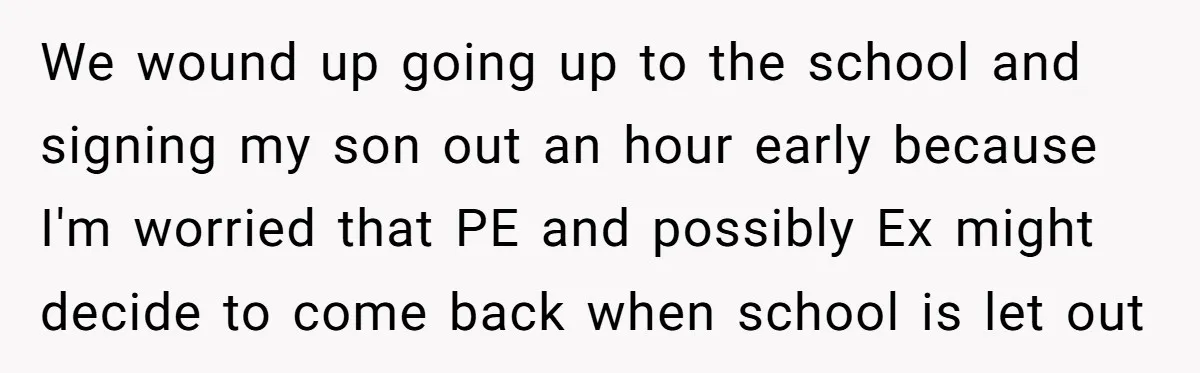 We wound up going up to the school and signing my son out an hour early because I'm worried that PE and possibly Ex might decide to come back when...