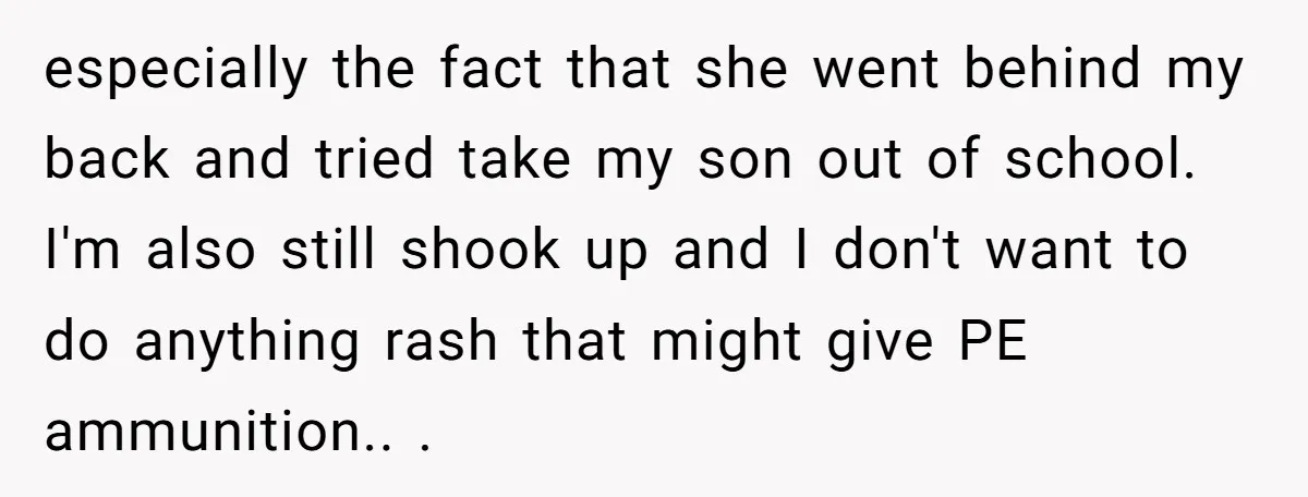 especially the fact that she went behind my back and tried take my son out of school. I'm also still shook up and I don't want to do anything rash...