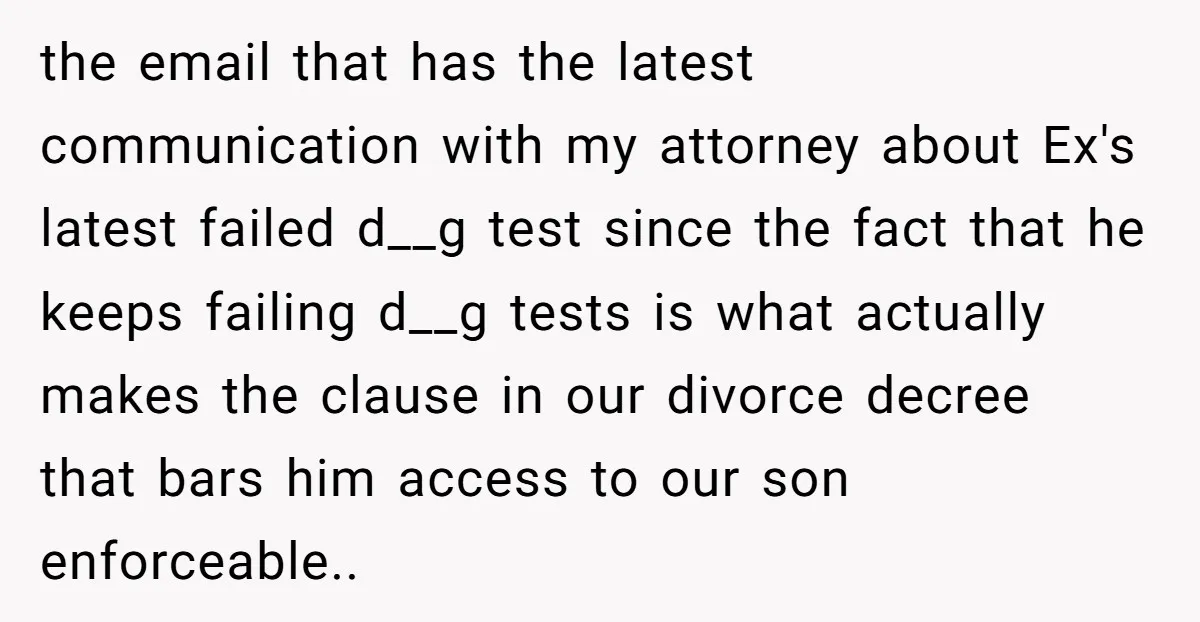 the email that has the latest communication with my attorney about Ex's latest failed d__g test since the fact that he keeps failing d__g tests is what actually makes the...