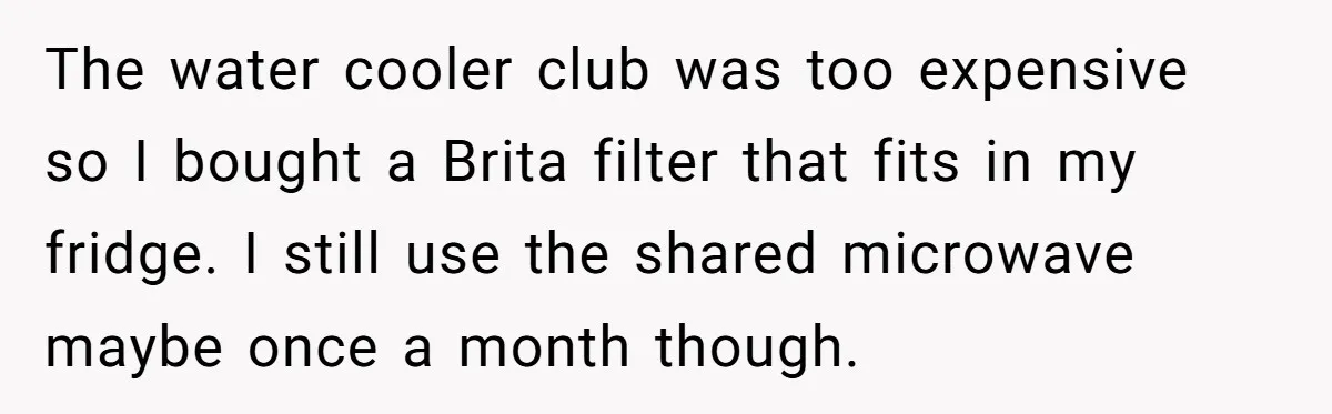 The water cooler club was too expensive so I bought a Brita filter that fits in my fridge. I still use the shared microwave maybe once a month though.