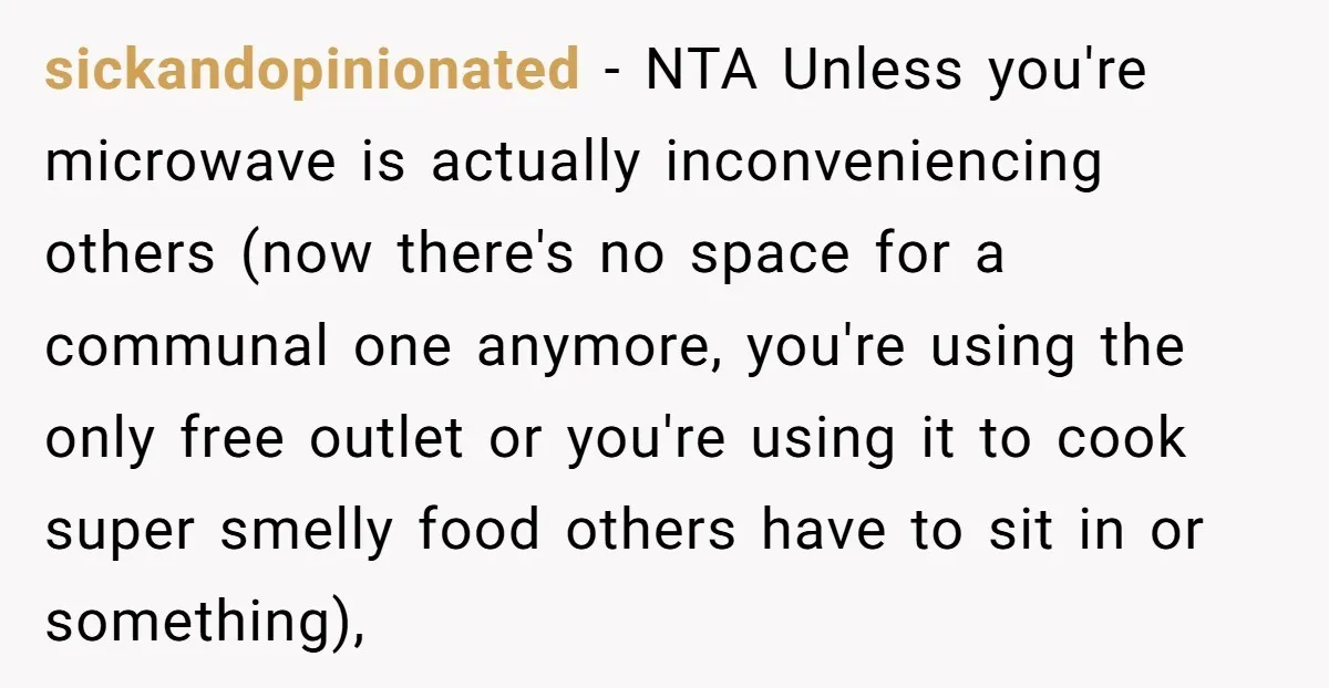 sickandopinionated − NTA Unless you're microwave is actually inconveniencing others (now there's no space for a communal one anymore, you're using the only free outlet or you're using it to...