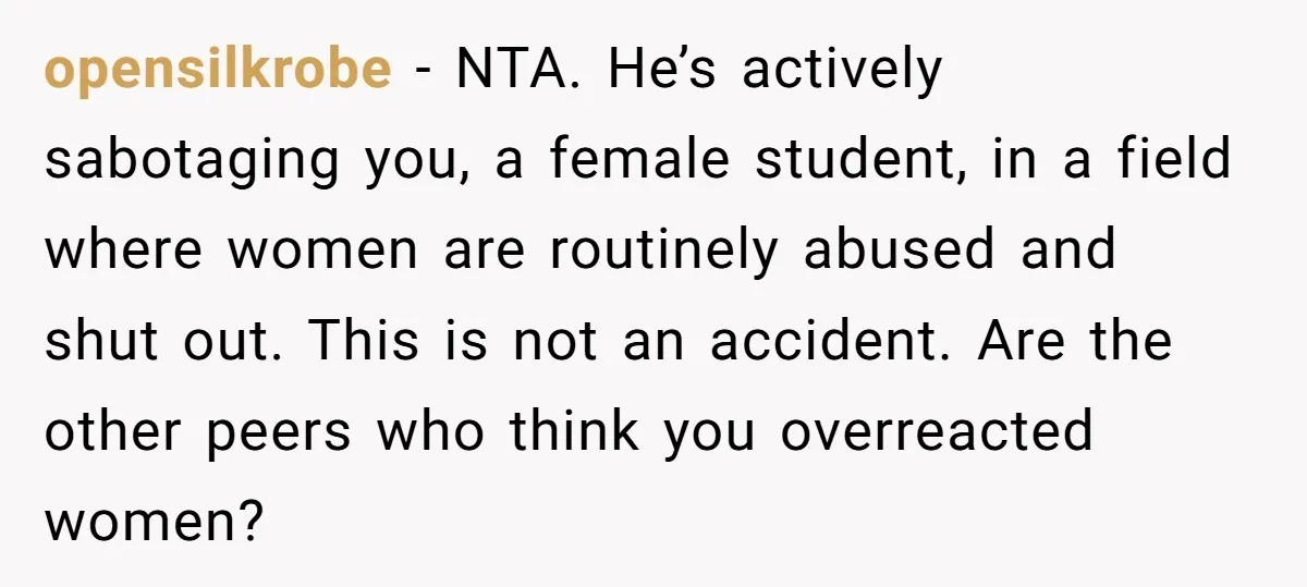 opensilkrobe − NTA. He’s actively sabotaging you, a female student, in a field where women are routinely abused and shut out. This is not an accident. Are the other peers...