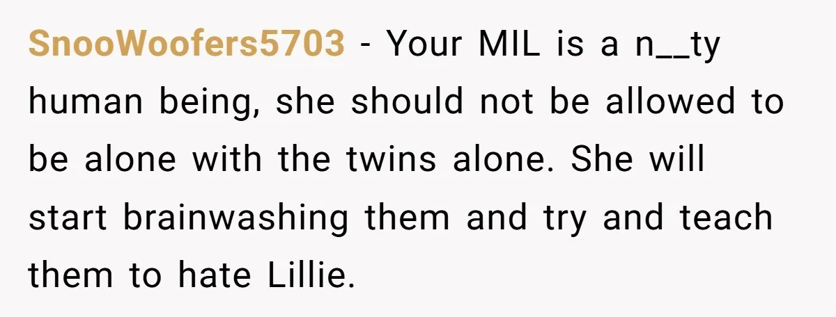 SnooWoofers5703 − Your MIL is a n__ty human being, she should not be allowed to be alone with the twins alone. She will start brainwashing them and try and teach...