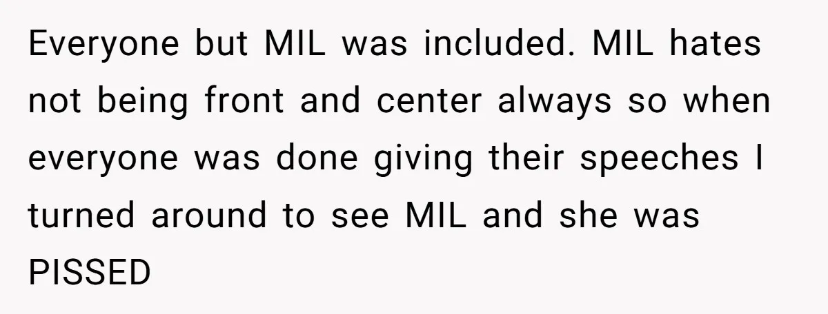 Everyone but MIL was included. MIL hates not being front and center always so when everyone was done giving their speeches I turned around to see MIL and she was...