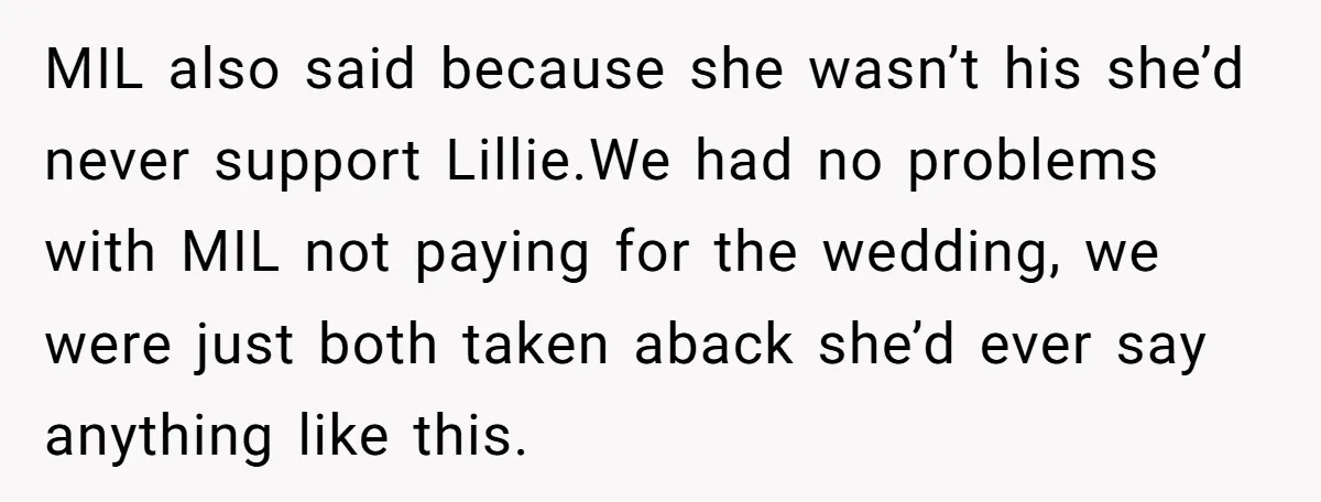 MIL also said because she wasn’t his she’d never support Lillie.We had no problems with MIL not paying for the wedding, we were just both taken aback she’d ever say...