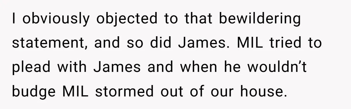 I obviously objected to that bewildering statement, and so did James. MIL tried to plead with James and when he wouldn’t budge MIL stormed out of our house.