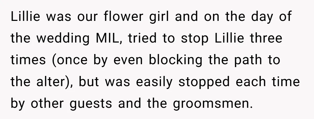 Lillie was our flower girl and on the day of the wedding MIL, tried to stop Lillie three times (once by even blocking the path to the alter), but was...