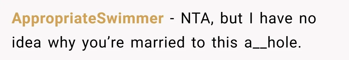 AppropriateSwimmer − NTA, but I have no idea why you’re married to this a__hole.