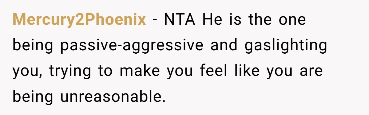 Mercury2Phoenix − NTA He is the one being passive-aggressive and gaslighting you, trying to make you feel like you are being unreasonable.