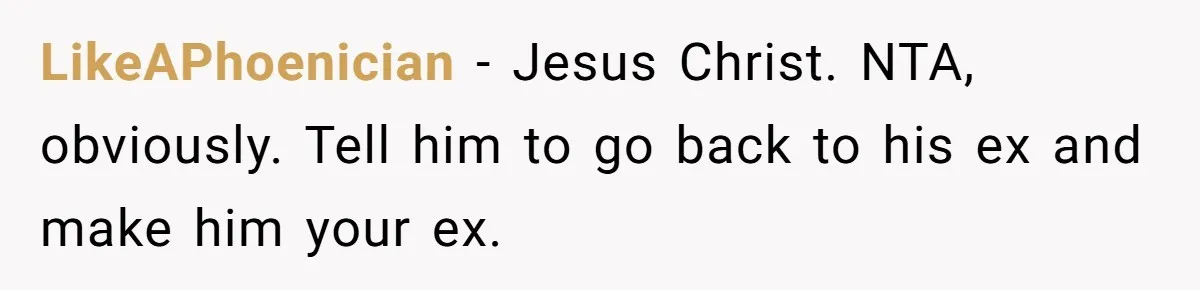 LikeAPhoenician − Jesus Christ. NTA, obviously. Tell him to go back to his ex and make him your ex.
