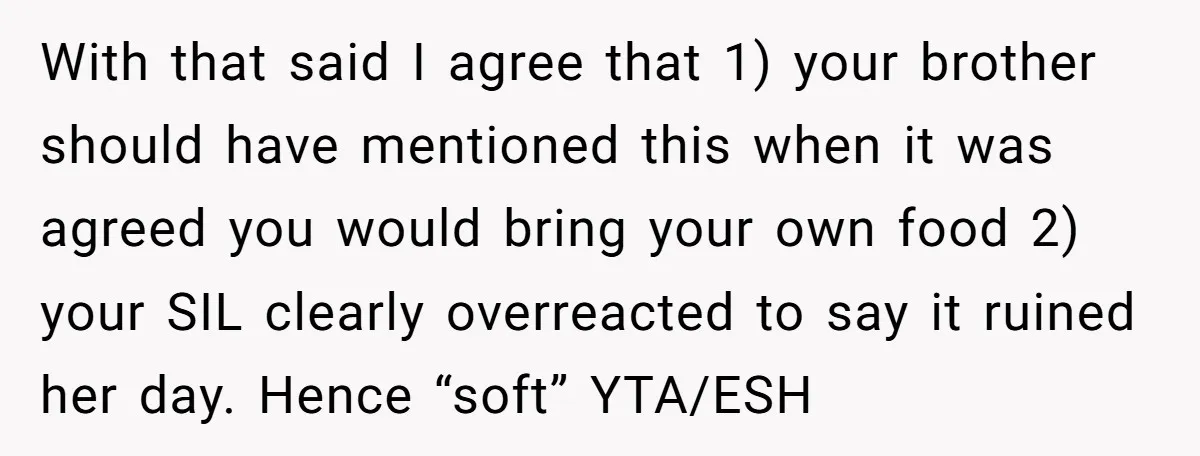 With that said I agree that 1) your brother should have mentioned this when it was agreed you would bring your own food 2) your SIL clearly overreacted to say...