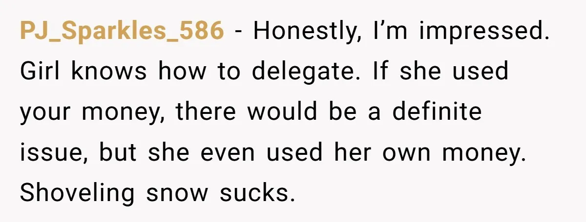PJ_Sparkles_586 − Honestly, I’m impressed. Girl knows how to delegate. If she used your money, there would be a definite issue, but she even used her own money. Shoveling snow...