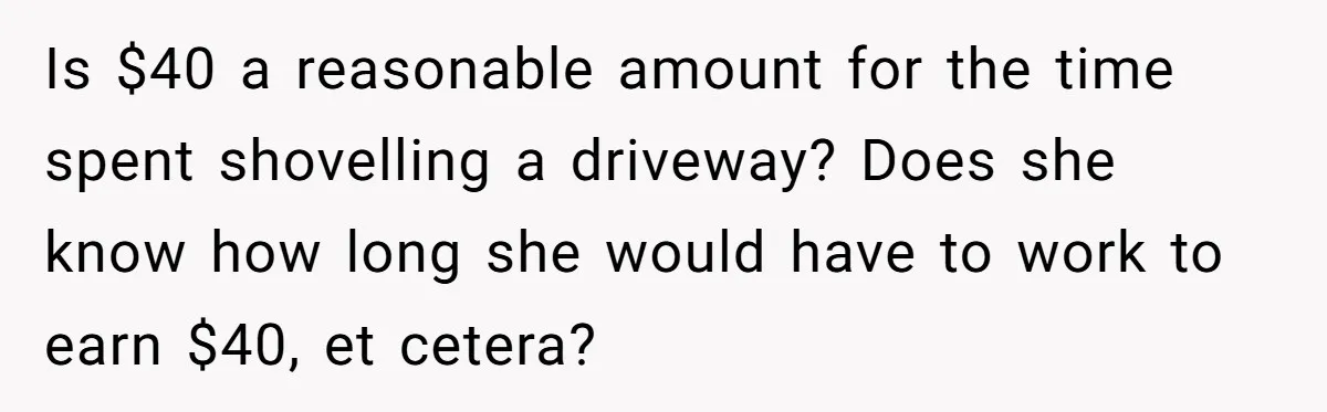 Is $40 a reasonable amount for the time spent shovelling a driveway? Does she know how long she would have to work to earn $40, et cetera?