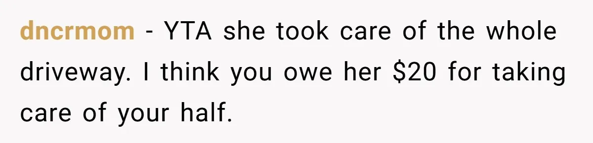 dncrmom − YTA she took care of the whole driveway. I think you owe her $20 for taking care of your half.