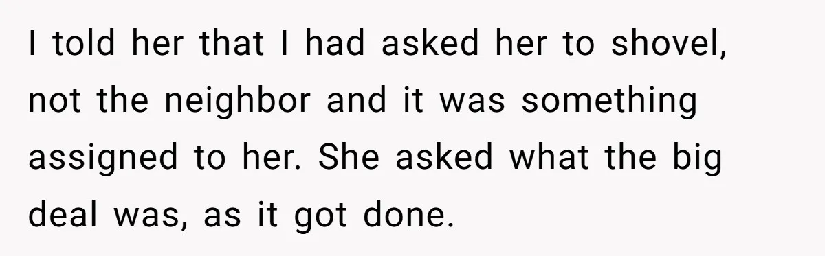 I told her that I had asked her to shovel, not the neighbor and it was something assigned to her. She asked what the big deal was, as it got...