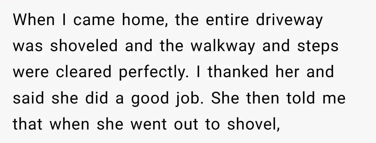 When I came home, the entire driveway was shoveled and the walkway and steps were cleared perfectly. I thanked her and said she did a good job. She then told...