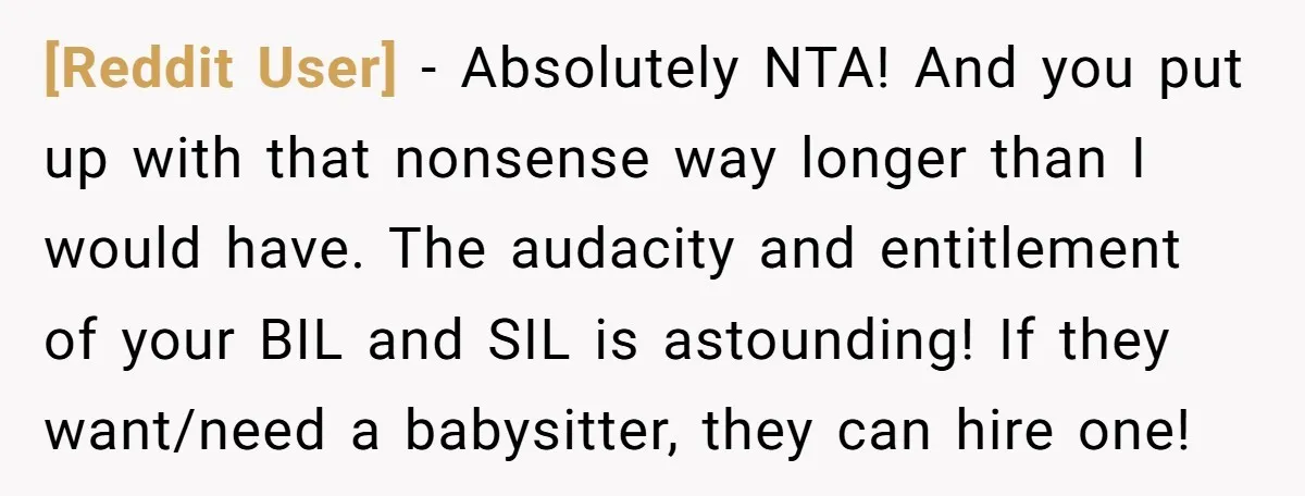 [Reddit User] − Absolutely NTA! And you put up with that nonsense way longer than I would have. The audacity and entitlement of your BIL and SIL is astounding! If...