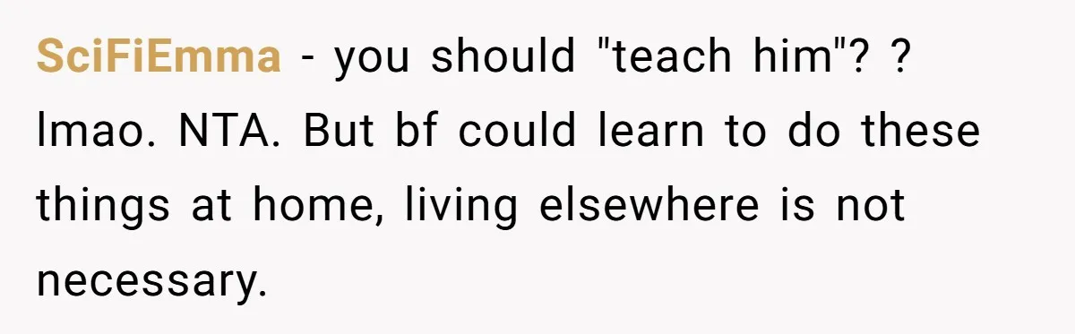 SciFiEmma − you should "teach him"? ? lmao. NTA. But bf could learn to do these things at home, living elsewhere is not necessary.