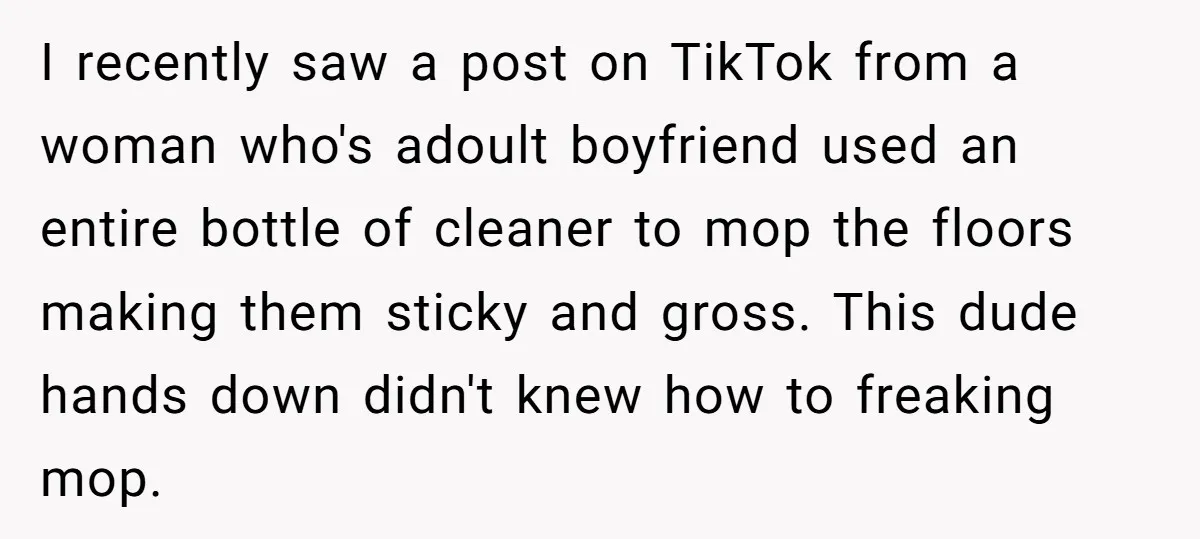 I recently saw a post on TikTok from a woman who's adoult boyfriend used an entire bottle of cleaner to mop the floors making them sticky and gross. This dude...