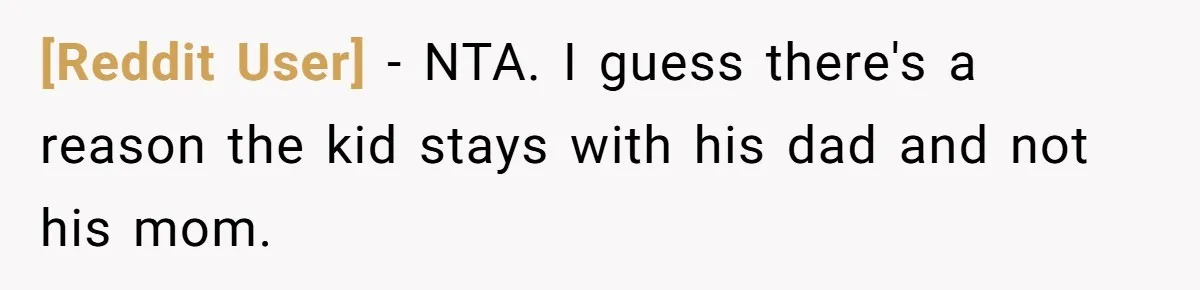 [Reddit User] − NTA. I guess there's a reason the kid stays with his dad and not his mom.