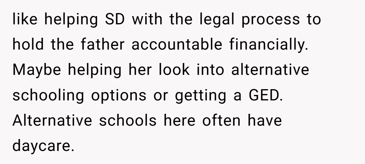 like helping SD with the legal process to hold the father accountable financially. Maybe helping her look into alternative schooling options or getting a GED. Alternative schools here often have...