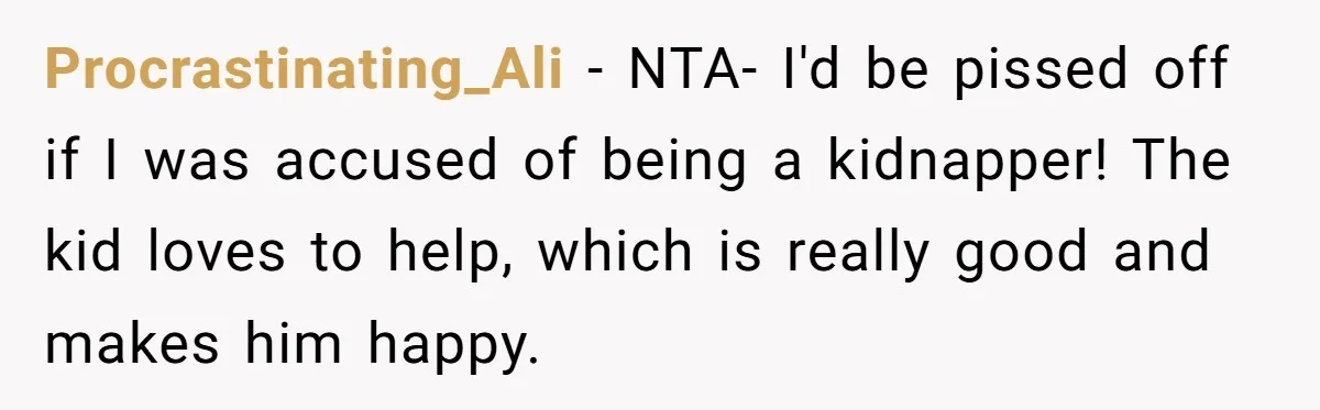 Procrastinating_Ali − NTA- I'd be pissed off if I was accused of being a kidnapper! The kid loves to help, which is really good and makes him happy.