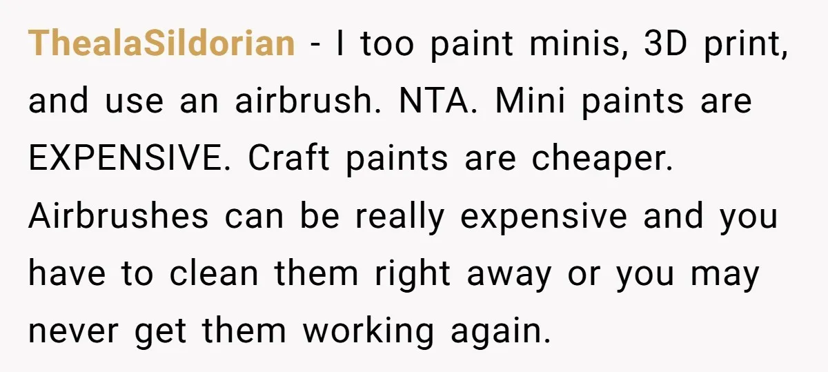 ThealaSildorian − I too paint minis, 3D print, and use an airbrush. NTA. Mini paints are EXPENSIVE. Craft paints are cheaper. Airbrushes can be really expensive and you have to...