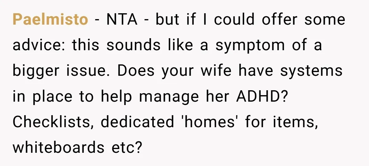 Paelmisto − NTA - but if I could offer some advice: this sounds like a symptom of a bigger issue. Does your wife have systems in place to help manage...