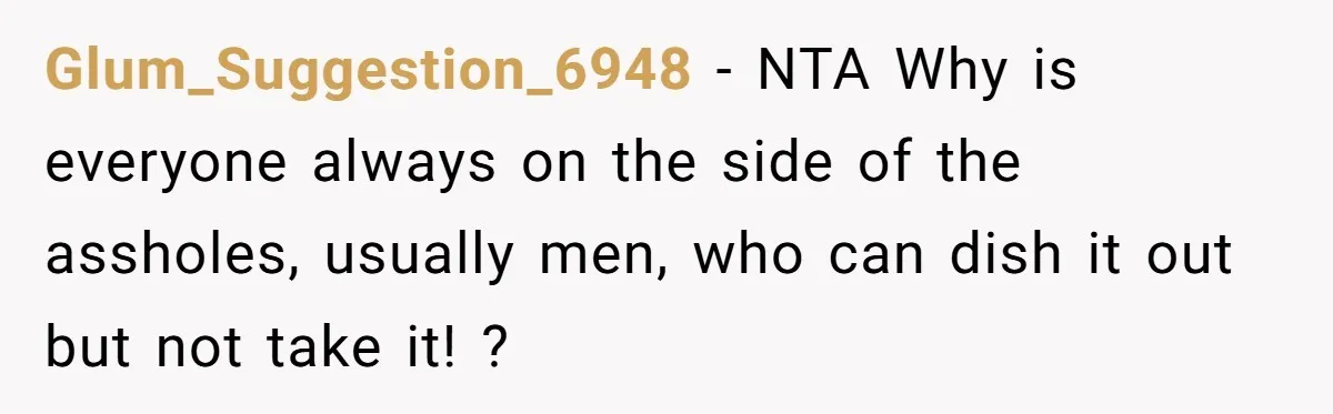 Glum_Suggestion_6948 − NTA Why is everyone always on the side of the assholes, usually men, who can dish it out but not take it! ?