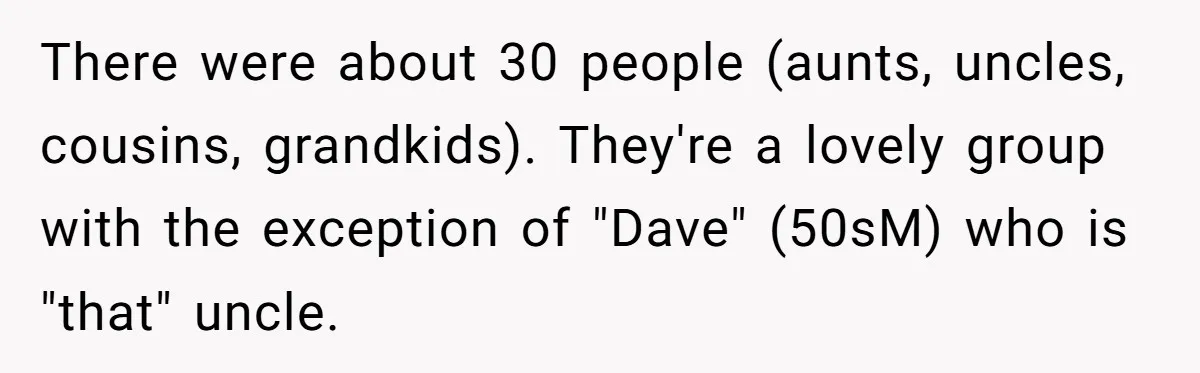 There were about 30 people (aunts, uncles, cousins, grandkids). They're a lovely group with the exception of "Dave" (50sM) who is "that" uncle.