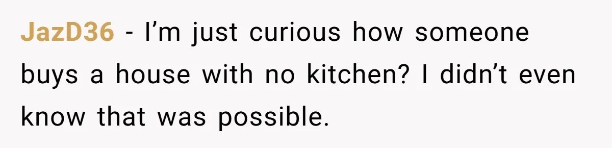 JazD36 − I’m just curious how someone buys a house with no kitchen? I didn’t even know that was possible.
