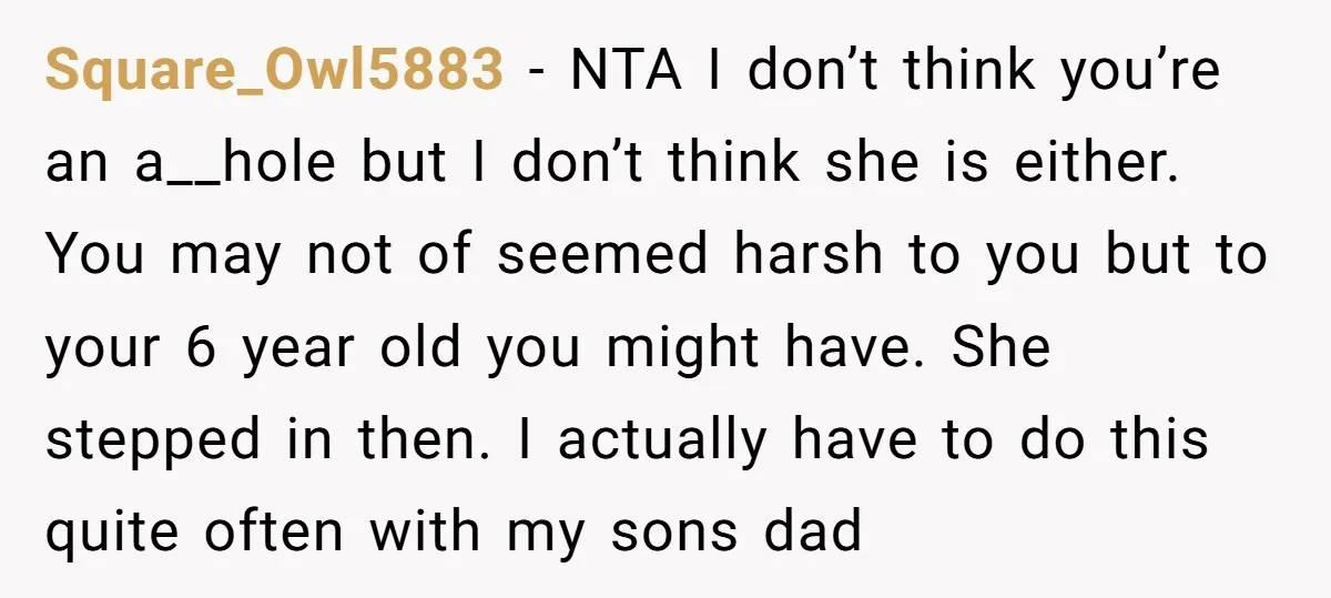 Square_Owl5883 − NTA I don’t think you’re an a__hole but I don’t think she is either. You may not of seemed harsh to you but to your 6 year old...