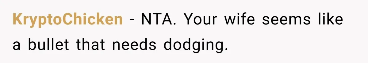 KryptoChicken − NTA. Your wife seems like a bullet that needs dodging.