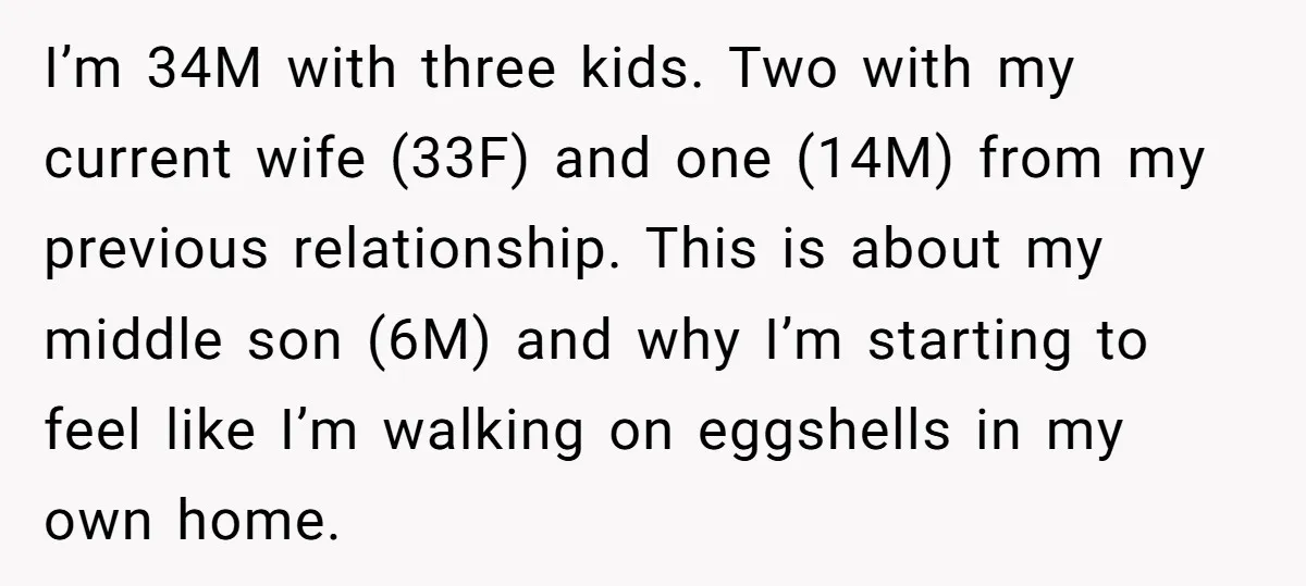 I’m 34M with three kids. Two with my current wife (33F) and one (14M) from my previous relationship. This is about my middle son (6M) and why I’m starting to...