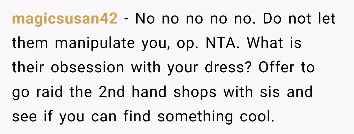 magicsusan42 − No no no no no. Do not let them manipulate you, op. NTA. What is their obsession with your dress? Offer to go raid the 2nd hand shops...