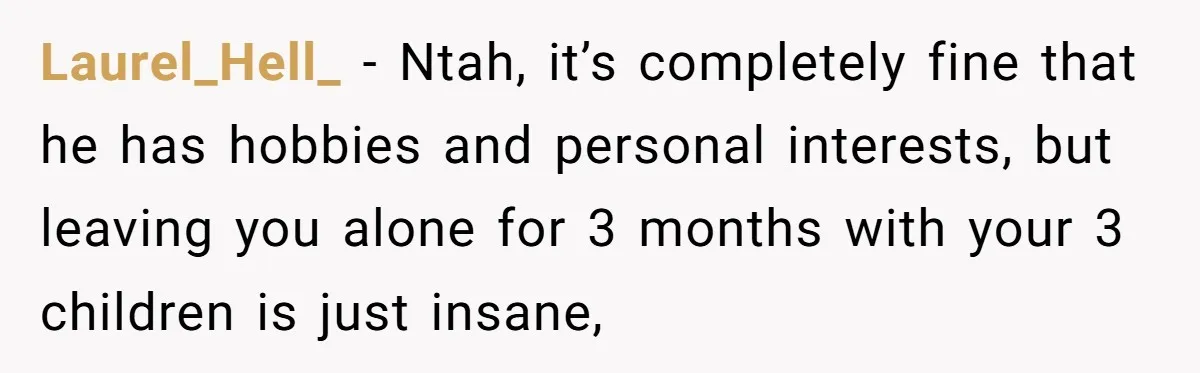 Laurel_Hell_ − Ntah, it’s completely fine that he has hobbies and personal interests, but leaving you alone for 3 months with your 3 children is just insane,