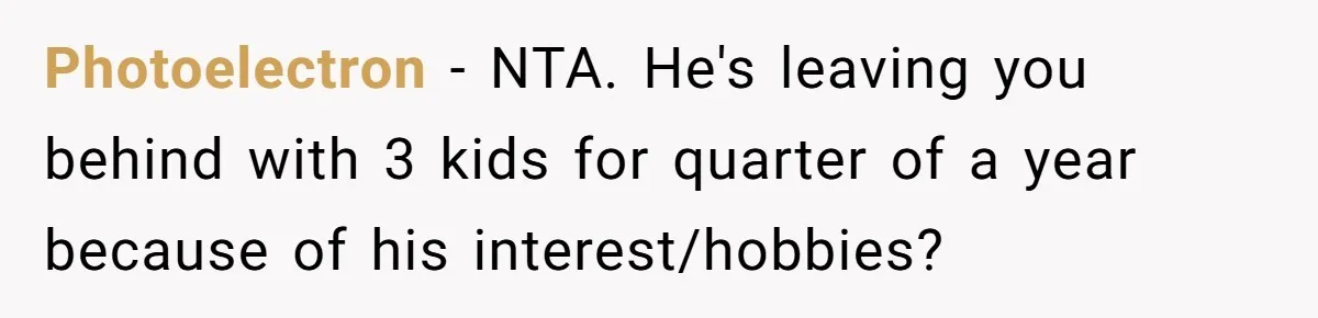 Photoelectron − NTA. He's leaving you behind with 3 kids for quarter of a year because of his interest/hobbies?