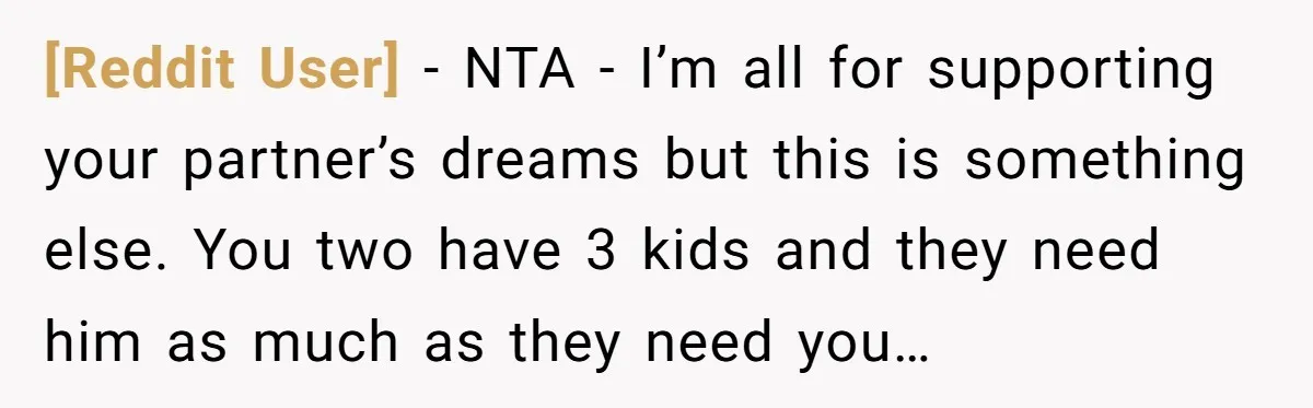 [Reddit User] − NTA - I’m all for supporting your partner’s dreams but this is something else. You two have 3 kids and they need him as much as they...