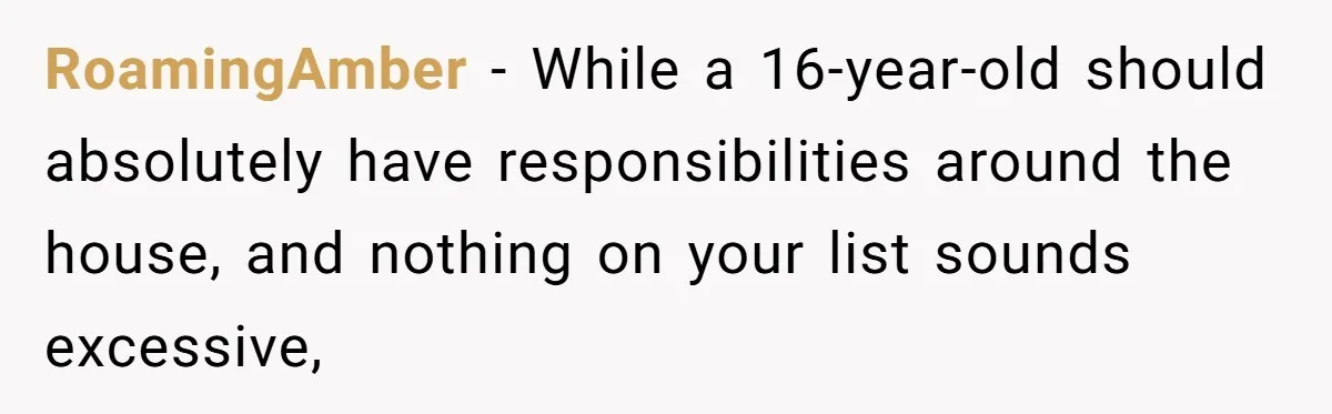 RoamingAmber − While a 16-year-old should absolutely have responsibilities around the house, and nothing on your list sounds excessive,