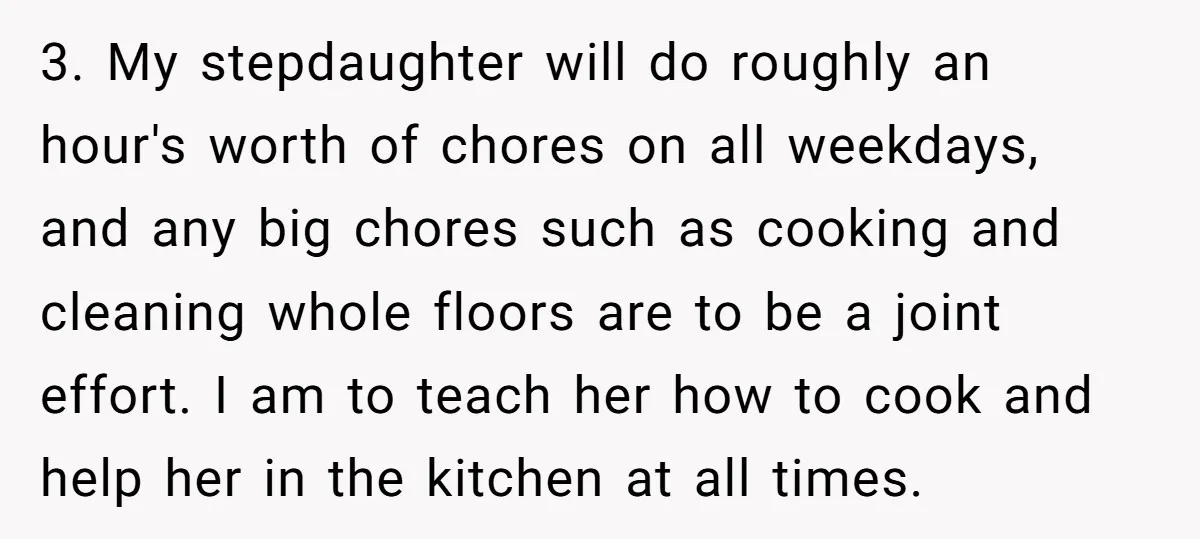 3. My stepdaughter will do roughly an hour's worth of chores on all weekdays, and any big chores such as cooking and cleaning whole floors are to be a joint...