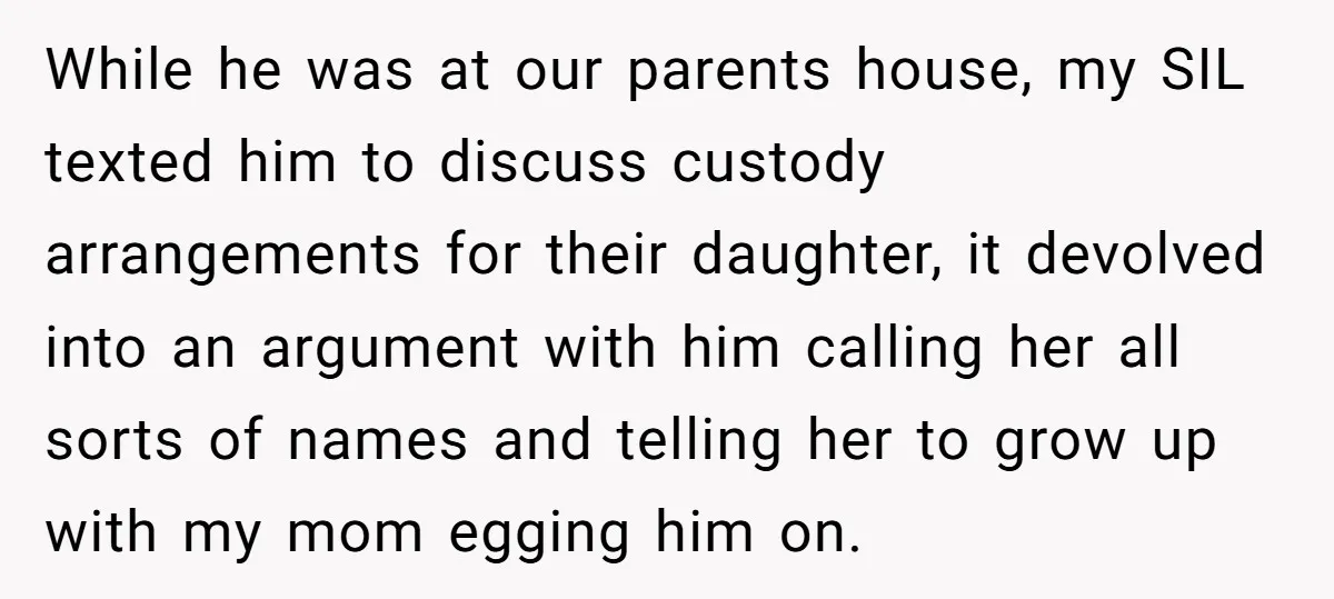 While he was at our parents house, my SIL texted him to discuss custody arrangements for their daughter, it devolved into an argument with him calling her all sorts of...