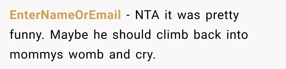 EnterNameOrEmail − NTA it was pretty funny. Maybe he should climb back into mommys womb and cry.